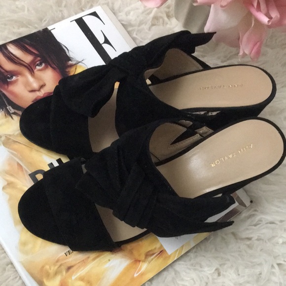 NIB • ANN TAYLOR Black Bow Heeled Slides - Picture 10 of 16